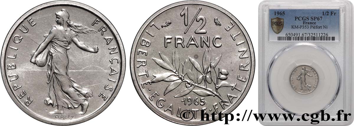 Piéfort nickel de 1/2 franc Semeuse 1965 Paris GEM.91 P1 MS67 PCGS