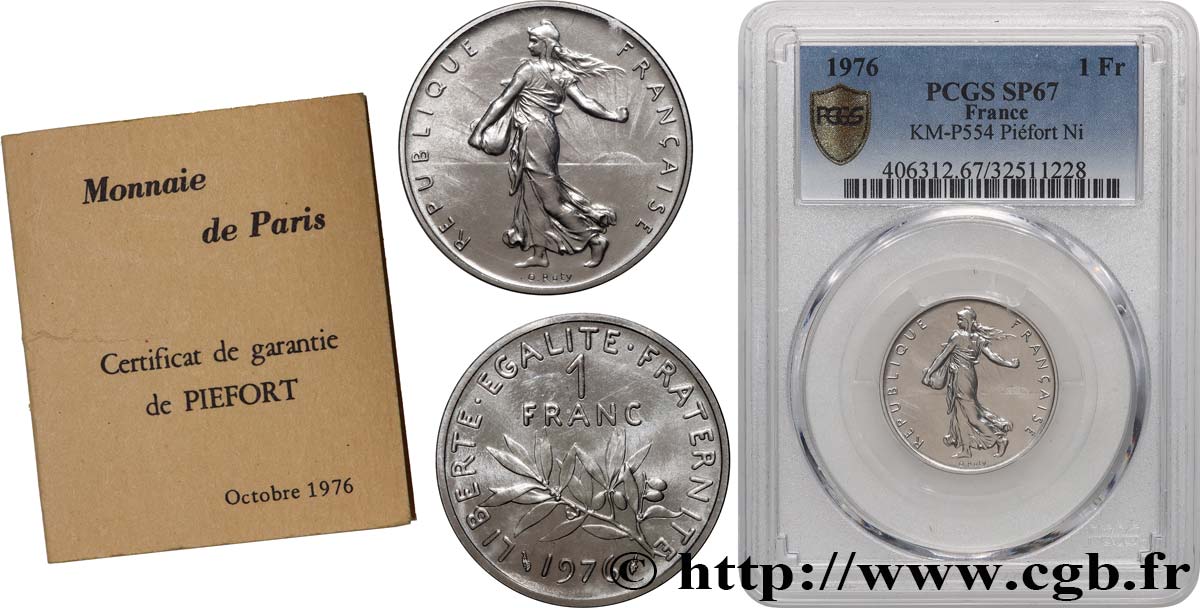 Piéfort Nickel de 1 franc Semeuse 1976 Pessac GEM.104 P1 FDC67 PCGS