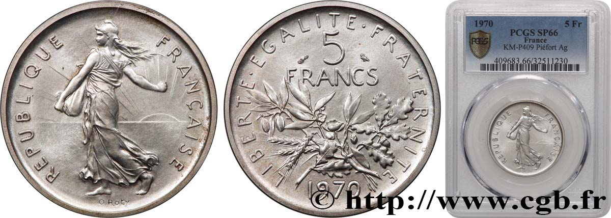 Piéfort Argent de 5 francs Semeuse 1970 Paris GEM.154 P2 FDC66 PCGS