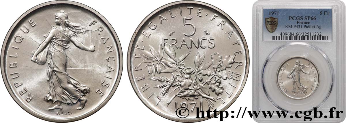 Piéfort argent de 5 francs Semeuse 1971 Paris GEM.154 P2 ST66 PCGS