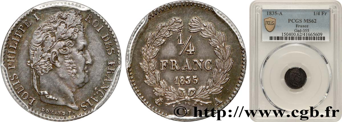 1/4 franc Louis-Philippe 1835 Paris F.166/49 SPL62 PCGS