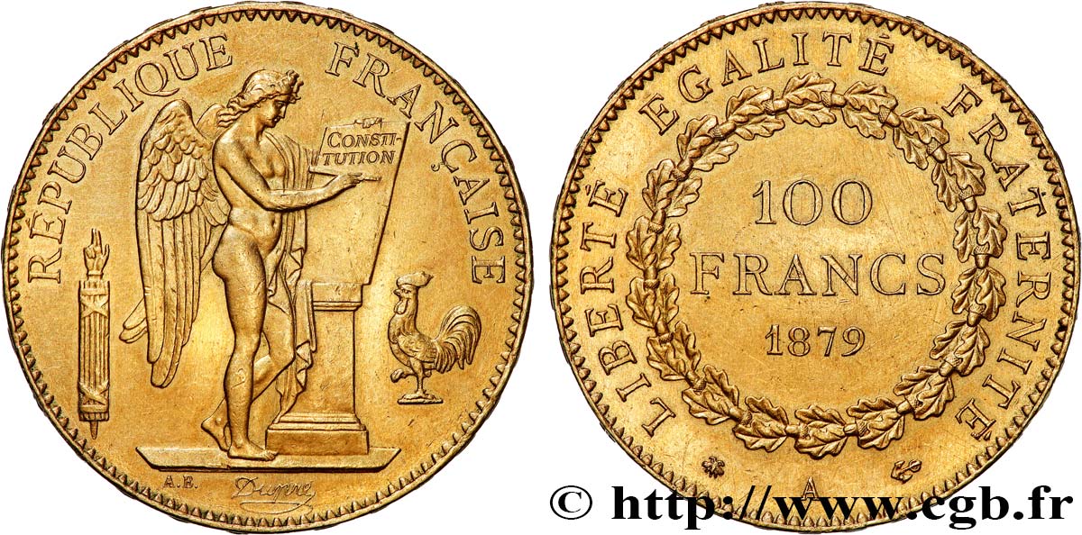 100 francs or Génie, tranche inscrite en relief Dieu protège la France 1879 Paris F.552/2 SPL+ 