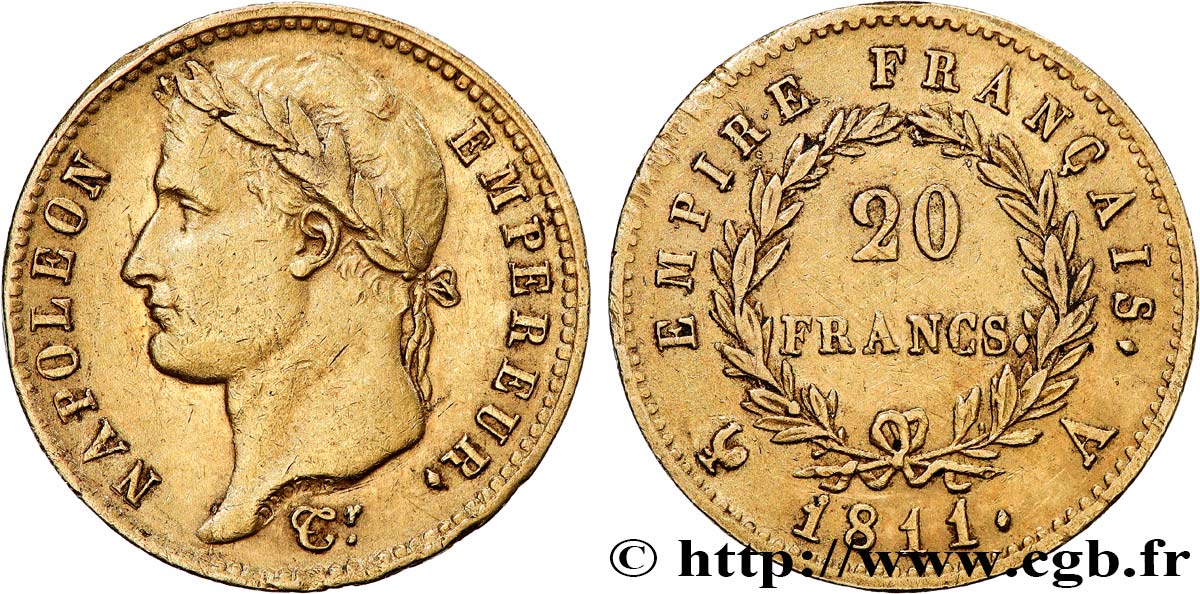 20 francs or Napoléon, tête laurée, Empire français 1811 Paris F.516/16 BB 