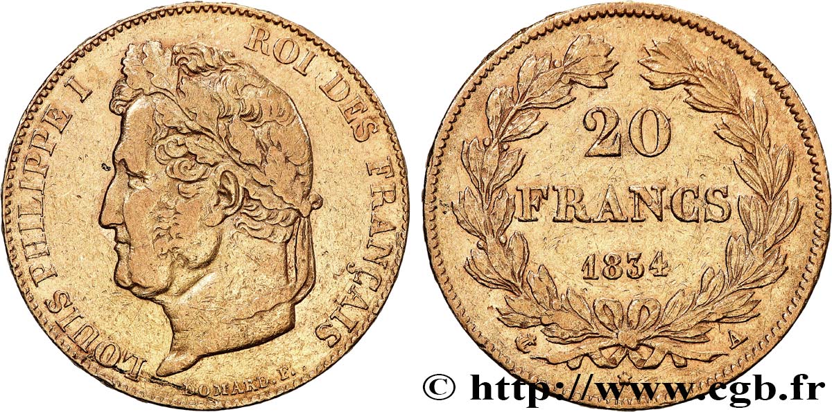 20 francs or Louis-Philippe, Domard 1834 Paris F.527/7 BC+ 