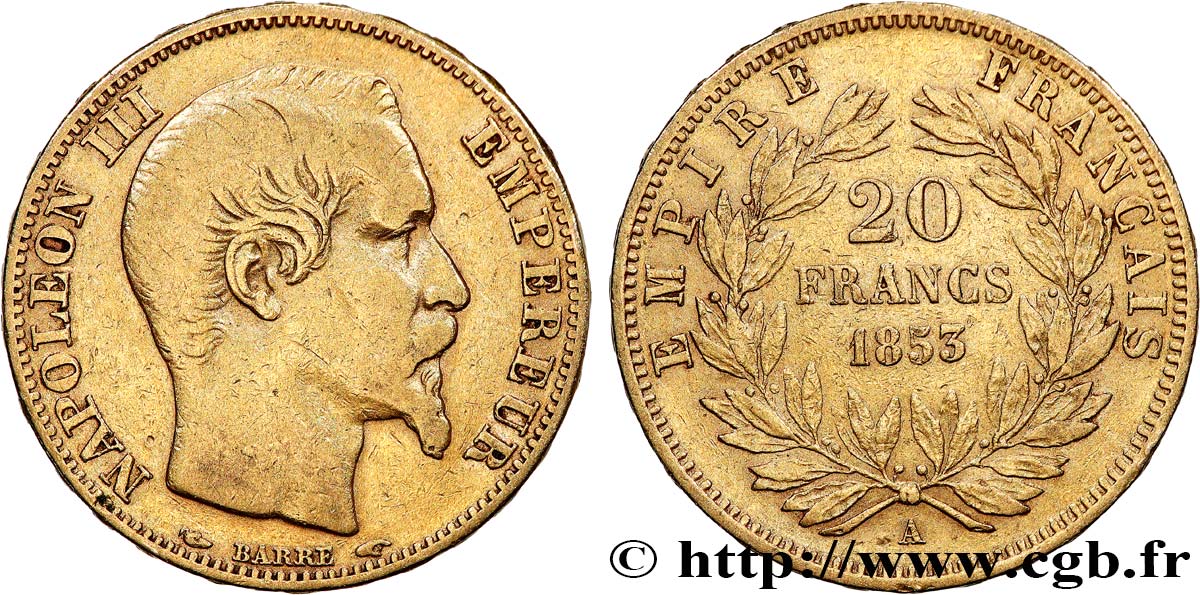 20 francs or Napoléon III, tête nue 1853 Paris F.531/1 S 