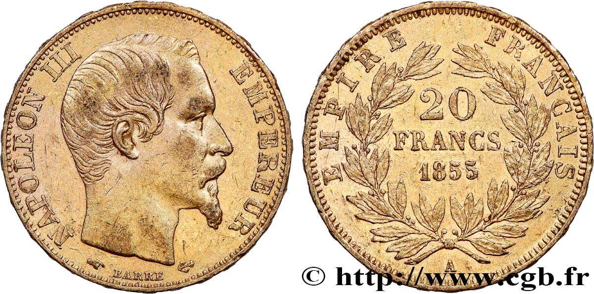 20 francs or Napoléon III, tête nue 1855 Paris F.531/4 MBC+ 