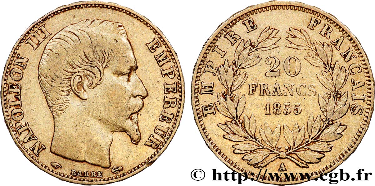 20 francs or Napoléon III, tête nue 1855 Paris F.531/4 XF 
