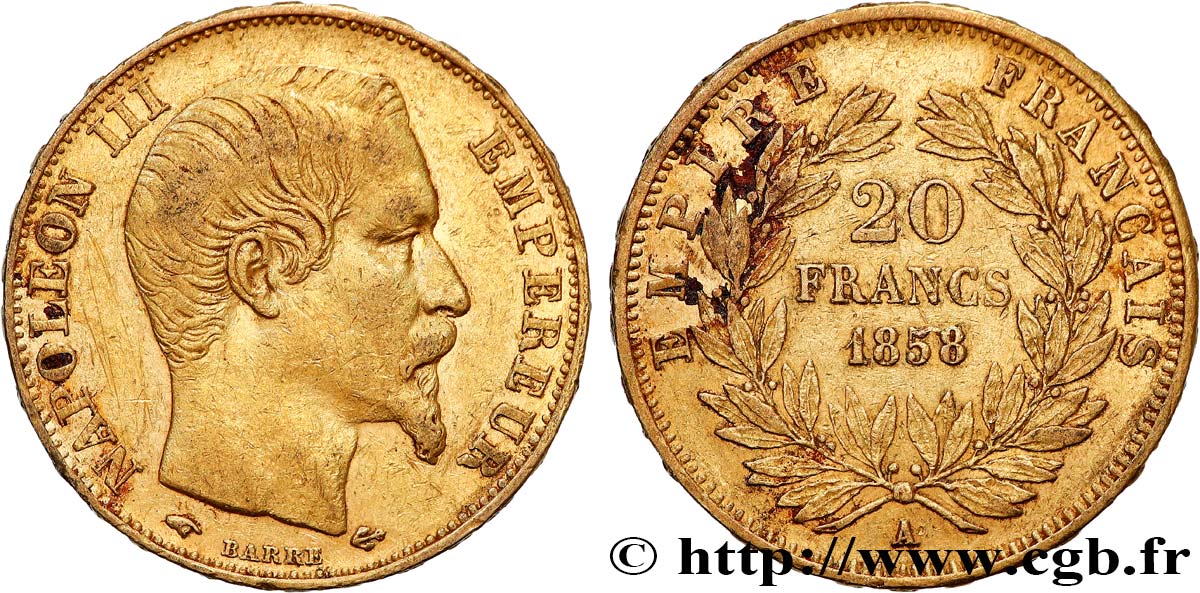 20 francs or Napoléon III, tête nue 1858 Paris F.531/13 XF 