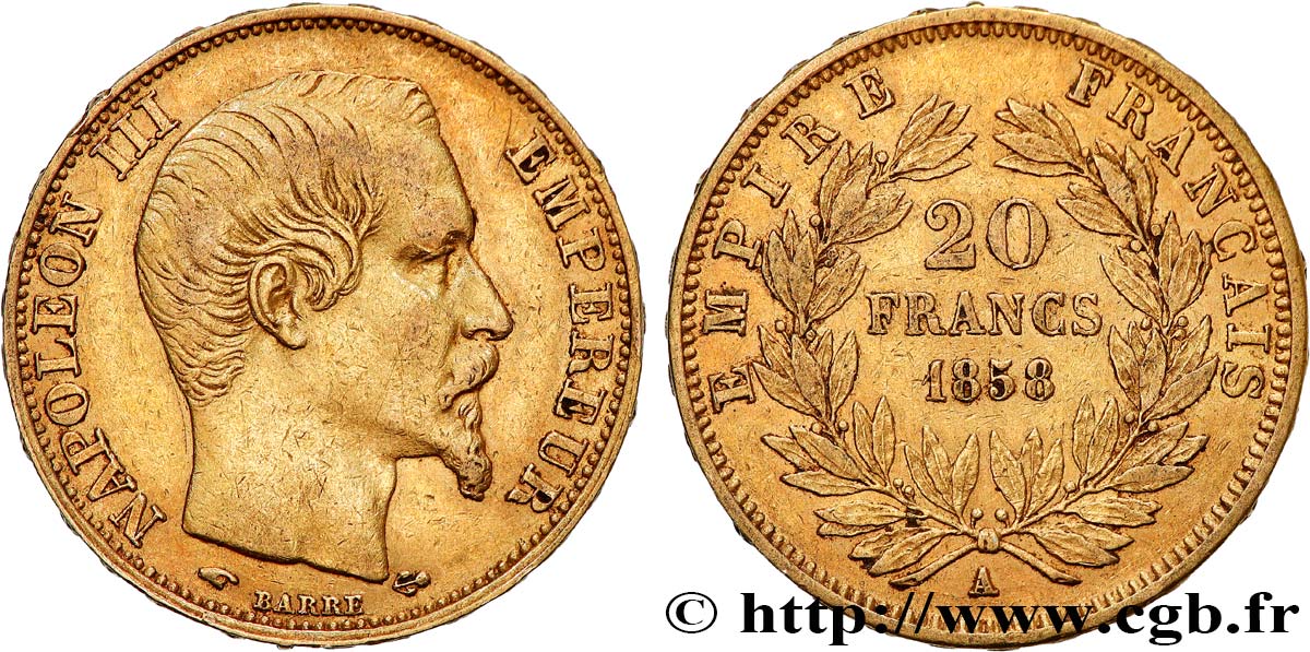20 francs or Napoléon III, tête nue 1858 Paris F.531/13 SS 