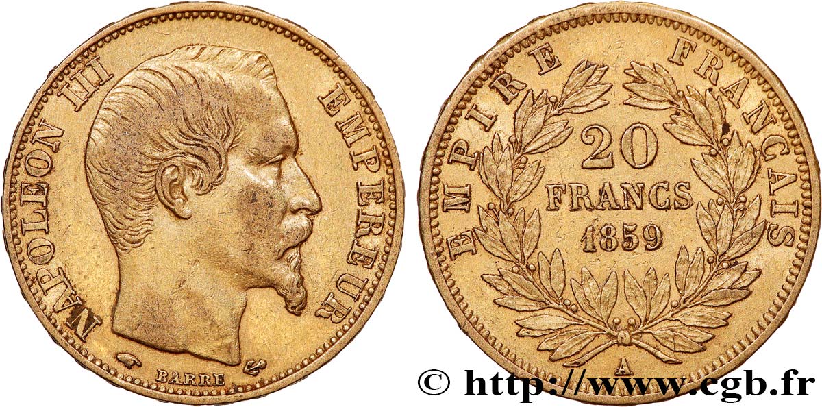 20 francs or Napoléon III, tête nue 1859 Paris F.531/15 SS 