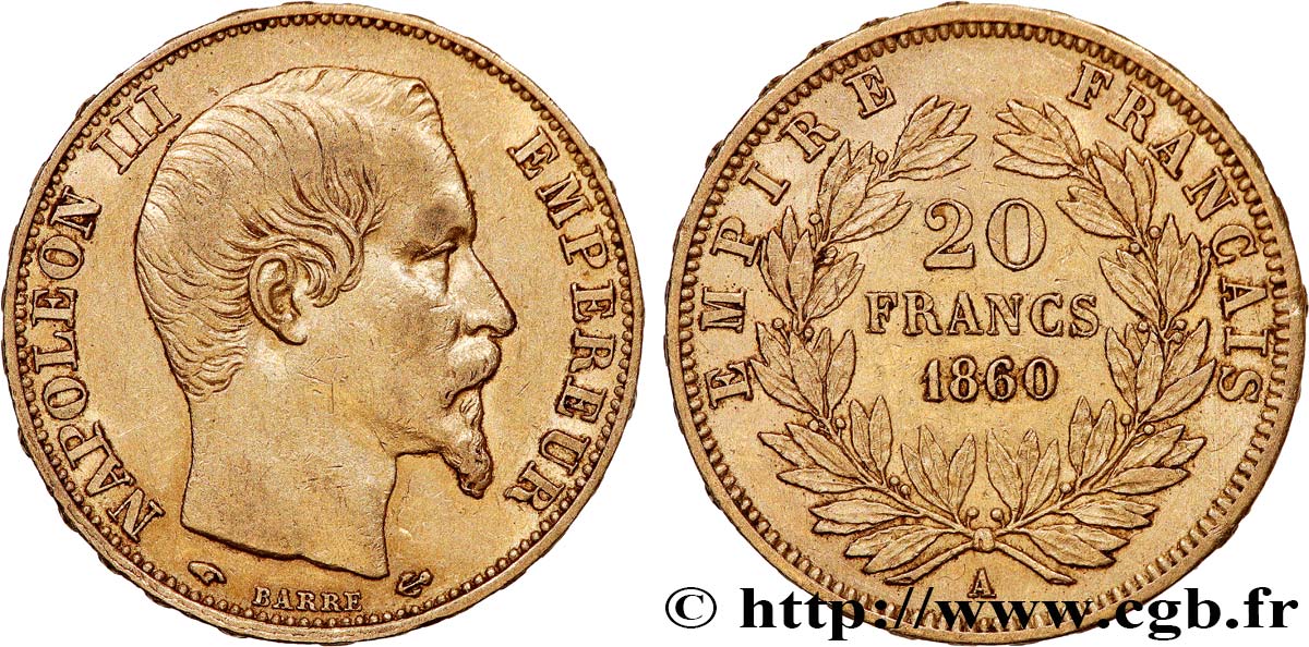 20 francs or Napoléon III, tête nue 1860 Paris F.531/18 BB 