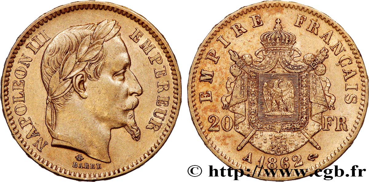 20 francs or Napoléon III, tête laurée, grand A 1862 Paris F.532/4 BB 
