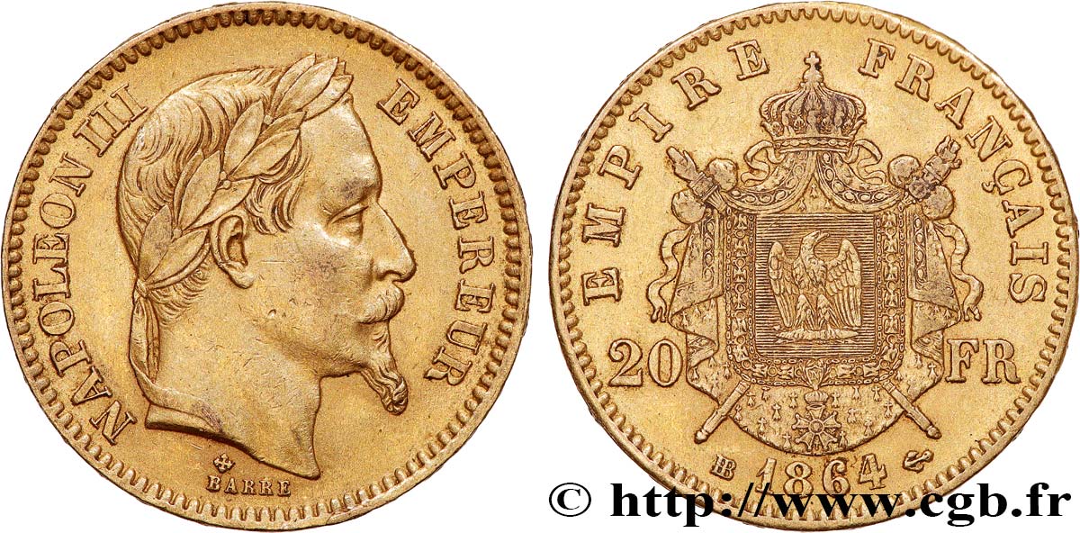 20 francs or Napoléon III, tête laurée 1864 Strasbourg F.532/9 TTB 