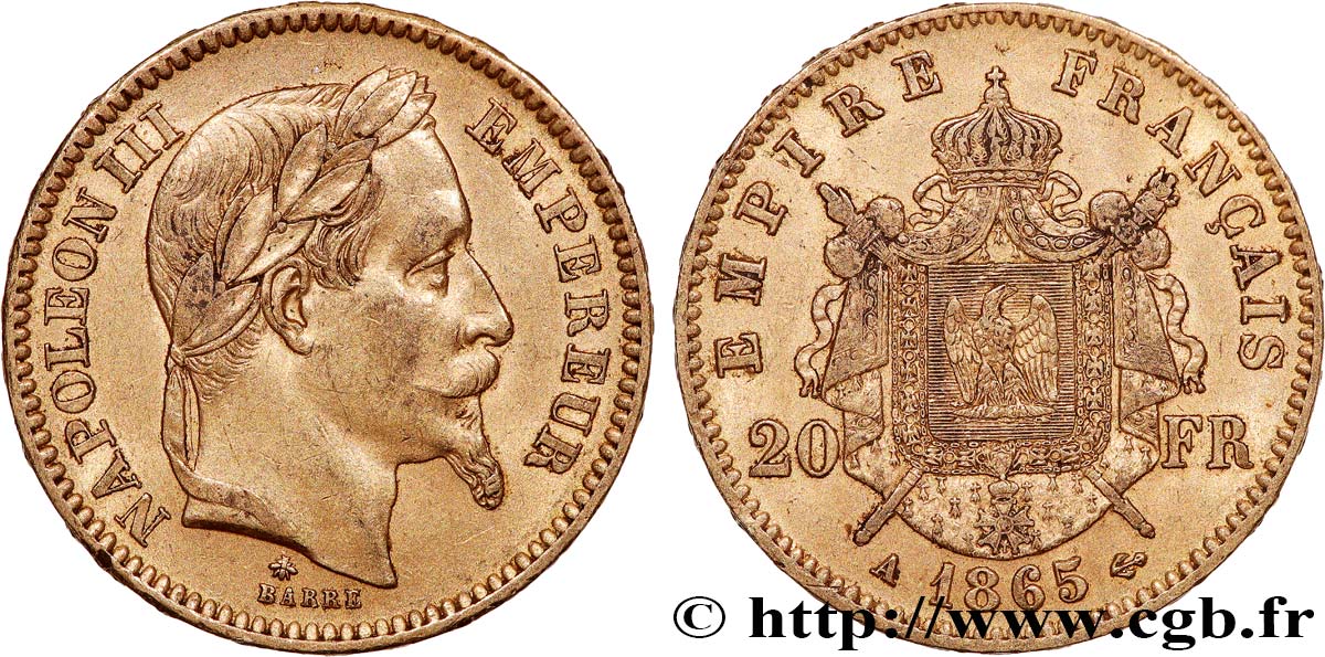 20 francs or Napoléon III, tête laurée 1865 Paris F.532/11 fVZ 
