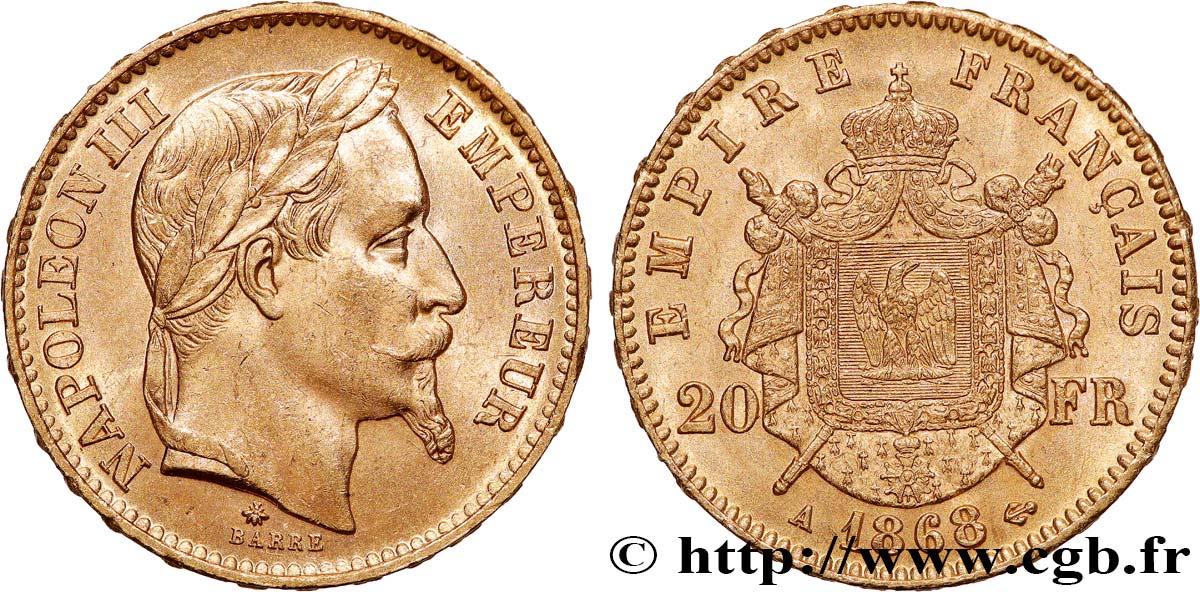 20 francs or Napoléon III, tête laurée 1868 Paris F.532/18 EBC60 