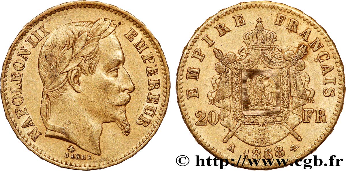 20 francs or Napoléon III, tête laurée 1868 Paris F.532/18 TTB+ 