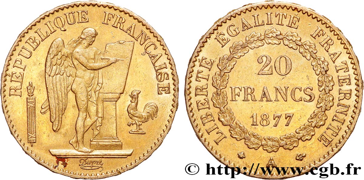 20 francs or Génie, Troisième République 1877 Paris F.533/5 MBC 