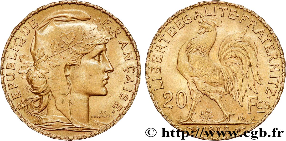 20 francs or Coq, Liberté Égalité Fraternité 1908 Paris F.535/2 EBC+ 