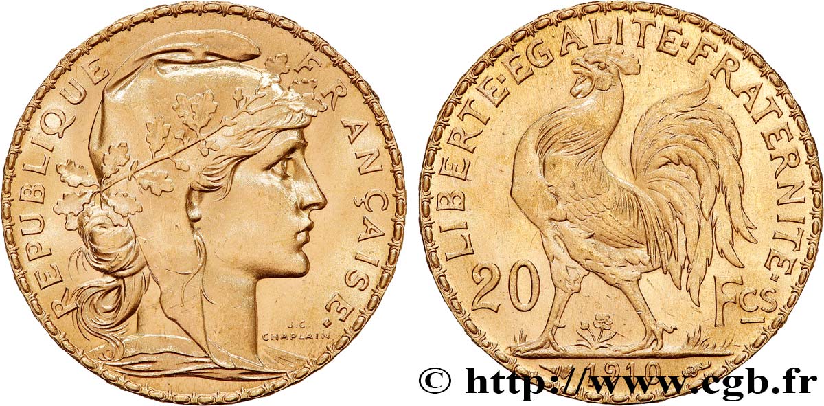 20 francs or Coq, Liberté Égalité Fraternité 1910 Paris F.535/4 SC 
