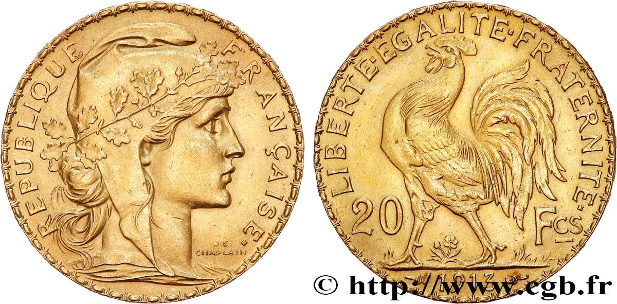20 francs or Coq, Liberté Égalité Fraternité 1913 Paris F.535/7 AU 