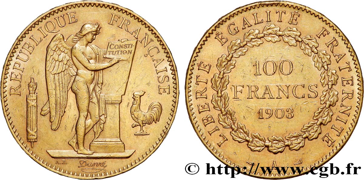 100 francs or Génie, tranche inscrite en relief Dieu protège la France 1903 Paris F.552/16 TTB+ 