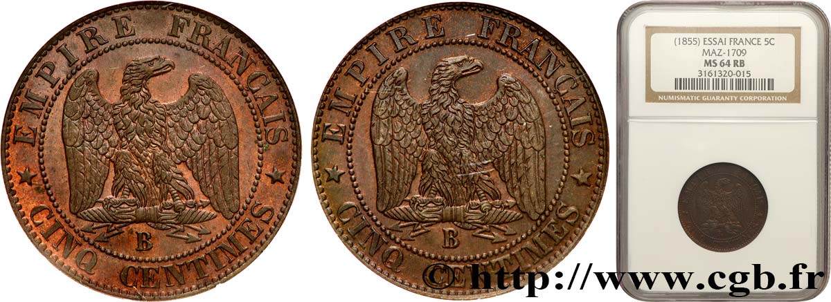 Essai Double Revers de Cinq centimes Napoléon III, tête nue n.d. Rouen Maz.1709  fST64 NGC
