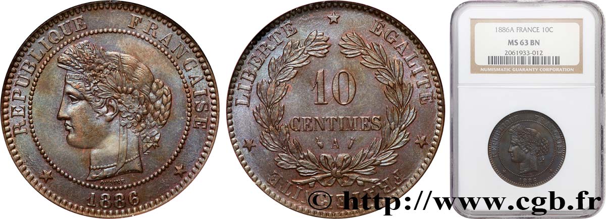 10 centimes Cérès 1886 Paris F.135/30 fST63 NGC