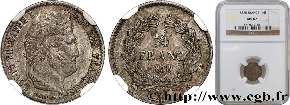 1/4 franc Louis-Philippe 1838 Rouen F.166/70 EBC62 NGC