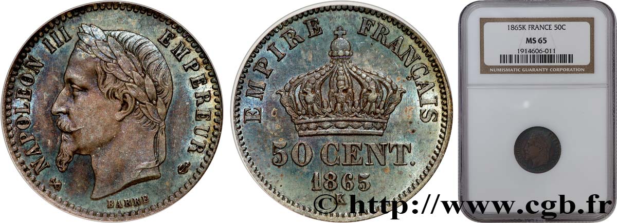 50 centimes Napoléon III, tête laurée 1865 Bordeaux F.188/8 MS65 NGC