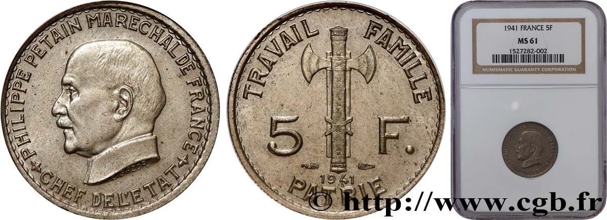 5 francs Pétain  1941  F.338/2 EBC61 NGC