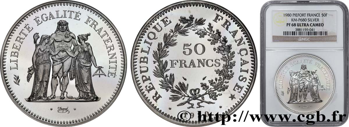 Piéfort Argent de 50 francs Hercule 1980 Pessac GEM.223 P1 ST68 NGC