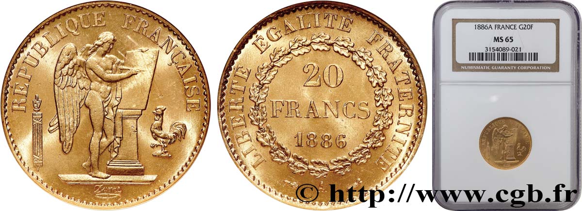 20 francs or Génie, IIIe République 1886 Paris F.533/9 MS65 NGC