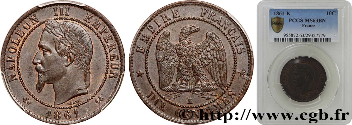 Dix Centimes Napoléon tête laurée 1861 Bordeaux F.134/6 MS63 PCGS