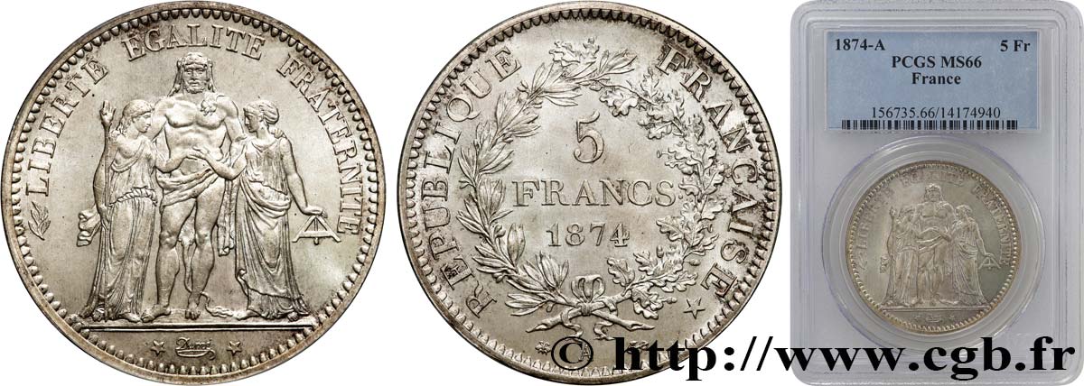 5 francs Hercule 1874 Paris F.334/12 ST66 PCGS