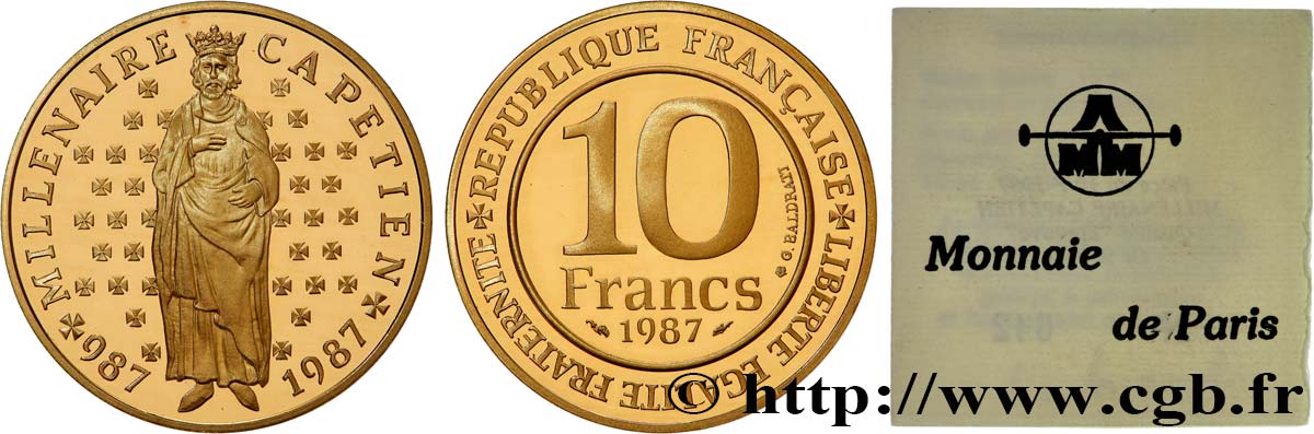 Belle Épreuve Or 10 francs - Millénaire Capétien 1987  F.1301 2 FDC 