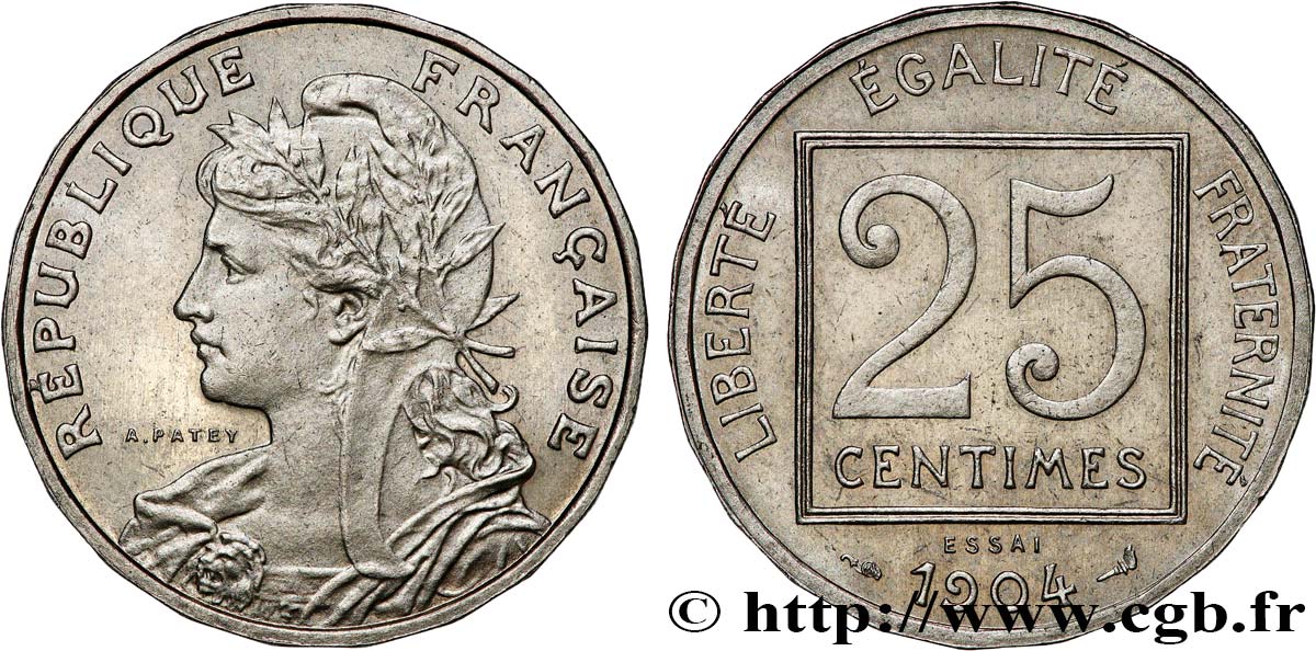 Essai de 25 centimes Patey, 22 pans, 1er type 1904  GEM.60 9 VZ62 