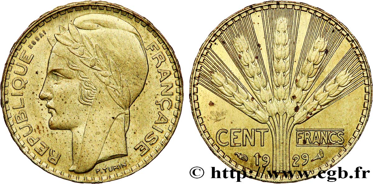 Concours de 100 francs or, essai de Turin en bronze-aluminium 1929 Paris GEM.283 4 SPL 