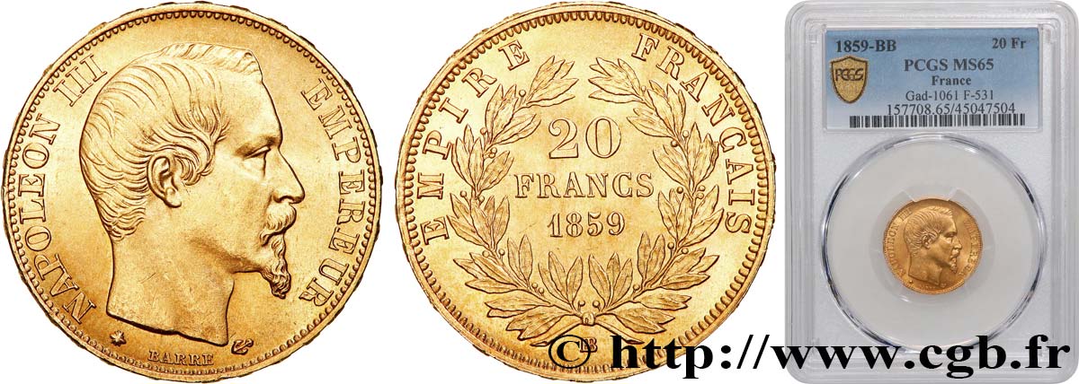 20 francs or Napoléon III, tête nue 1859 Strasbourg F.531/16 MS65 PCGS