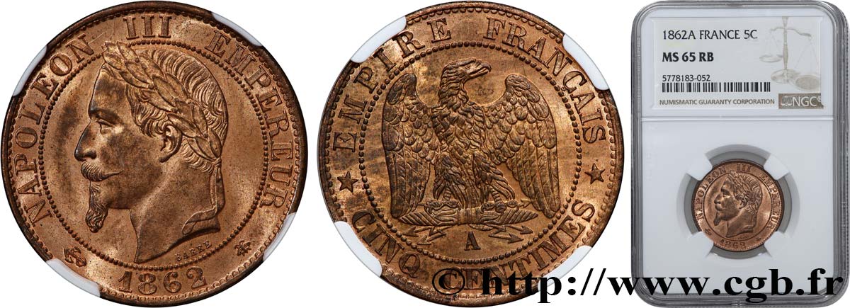 Cinq centimes Napoléon III, tête laurée 1862 Paris F.117/7 MS65 NGC
