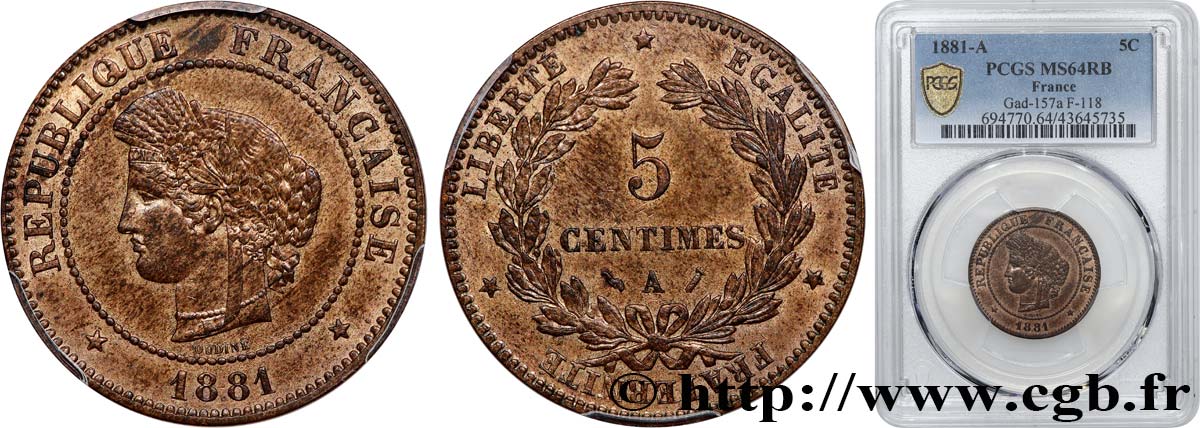 5 centimes Cérès 1881 Paris F.118/22 SPL64 PCGS