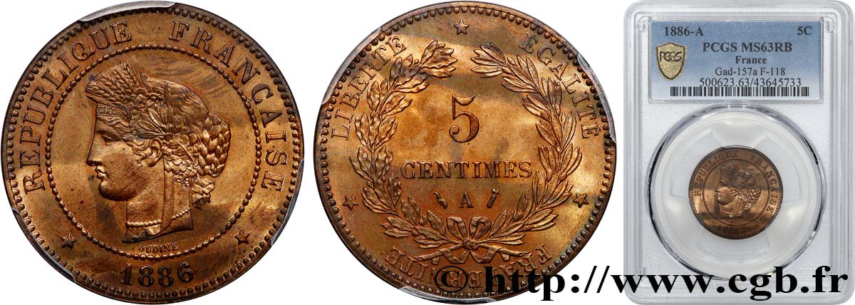 5 centimes Cérès 1886 Paris F.118/28 SPL63 PCGS