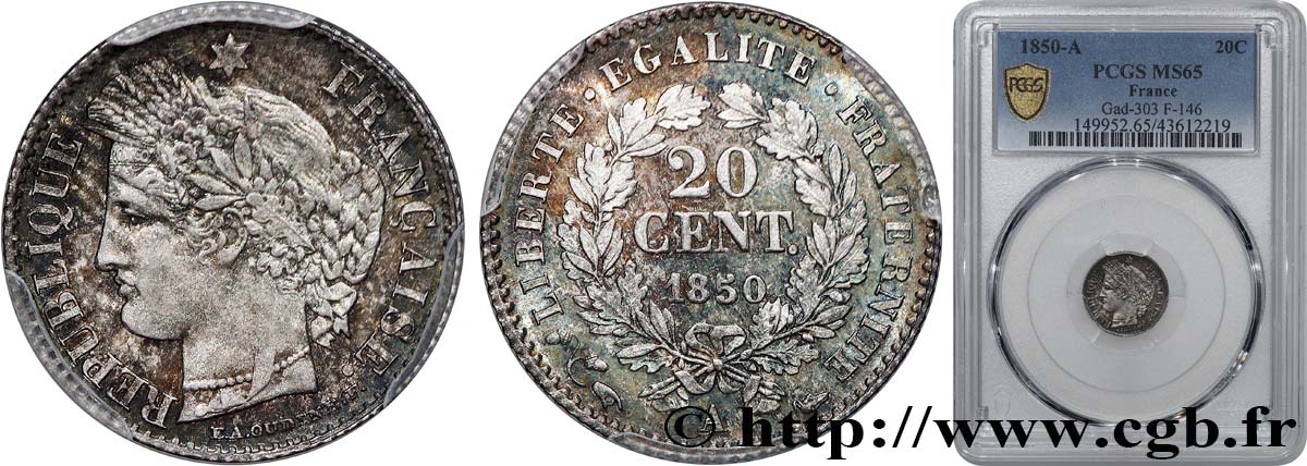 20 centimes Cérès, IIe République 1850 Paris F.146/3 FDC65 PCGS