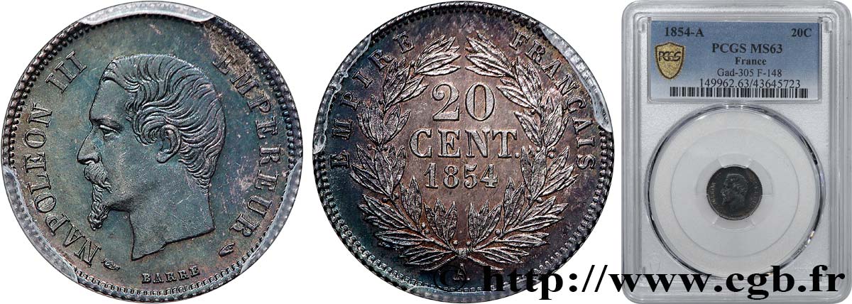 20 centimes Napoléon III, tête nue 1854 Paris F.148/2 MS63 PCGS