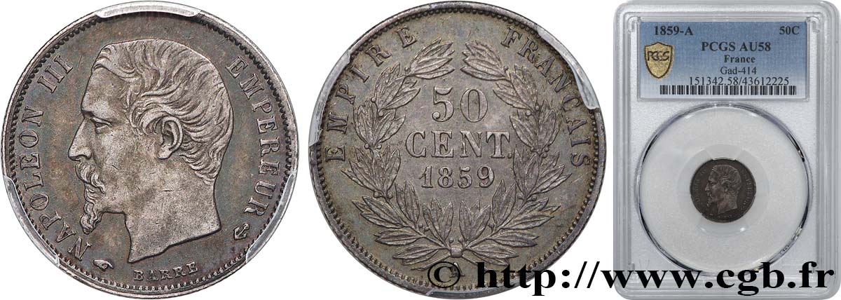 50 centimes Napoléon III, tête nue 1859 Paris F.187/10 EBC58 PCGS