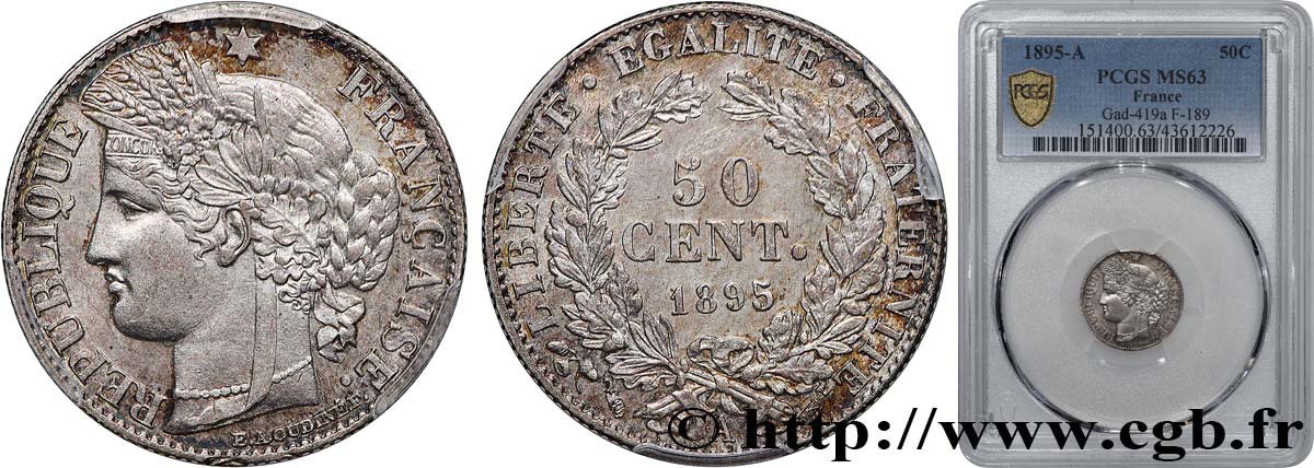 50 centimes Cérès, IIIe République 1895 Paris F.189/16 SPL63 PCGS