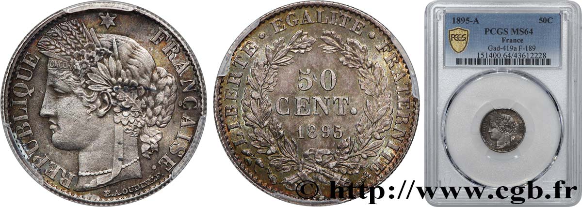 50 centimes Cérès, IIIe République 1895 Paris F.189/16 SPL64 PCGS