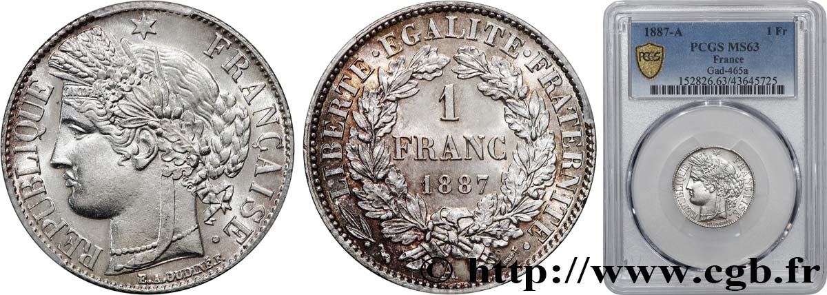 1 franc Cérès, IIIe République 1887 Paris F.216/9 MS63 PCGS