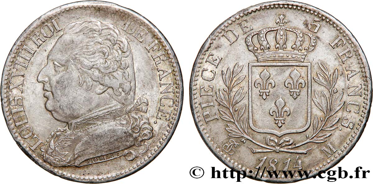 5 francs Louis XVIII, buste habillé 1814 Toulouse F.308/9 TTB53 