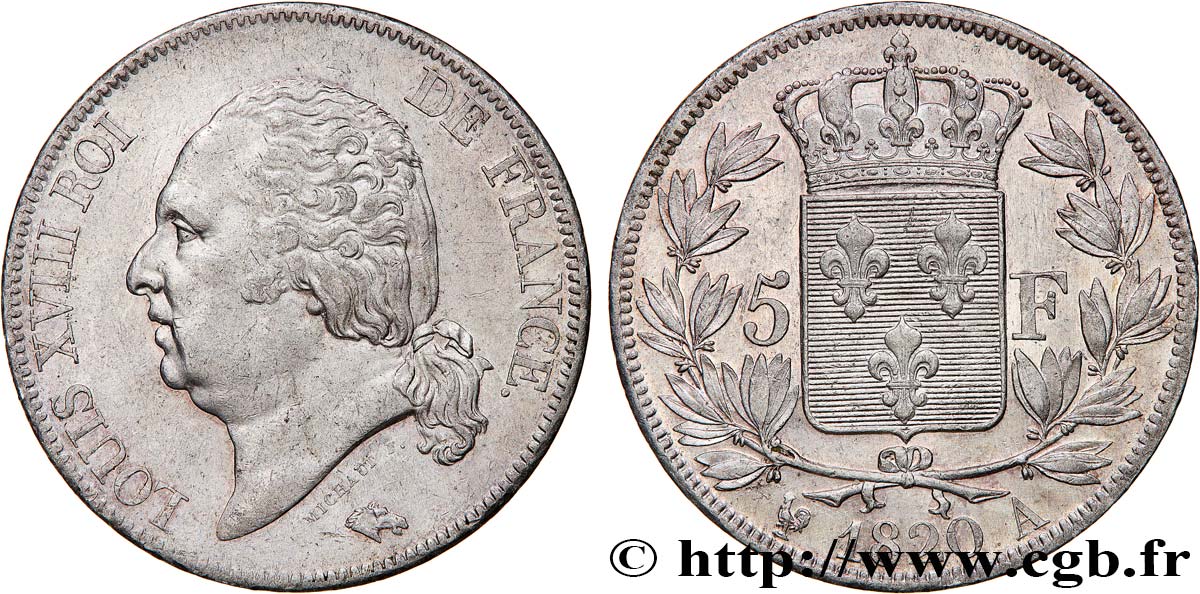 5 francs Louis XVIII, tête nue 1820 Paris F.309/48 SUP58 