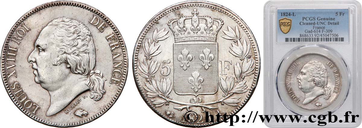 5 francs Louis XVIII, tête nue 1824 Bayonne F.309/94 MS PCGS